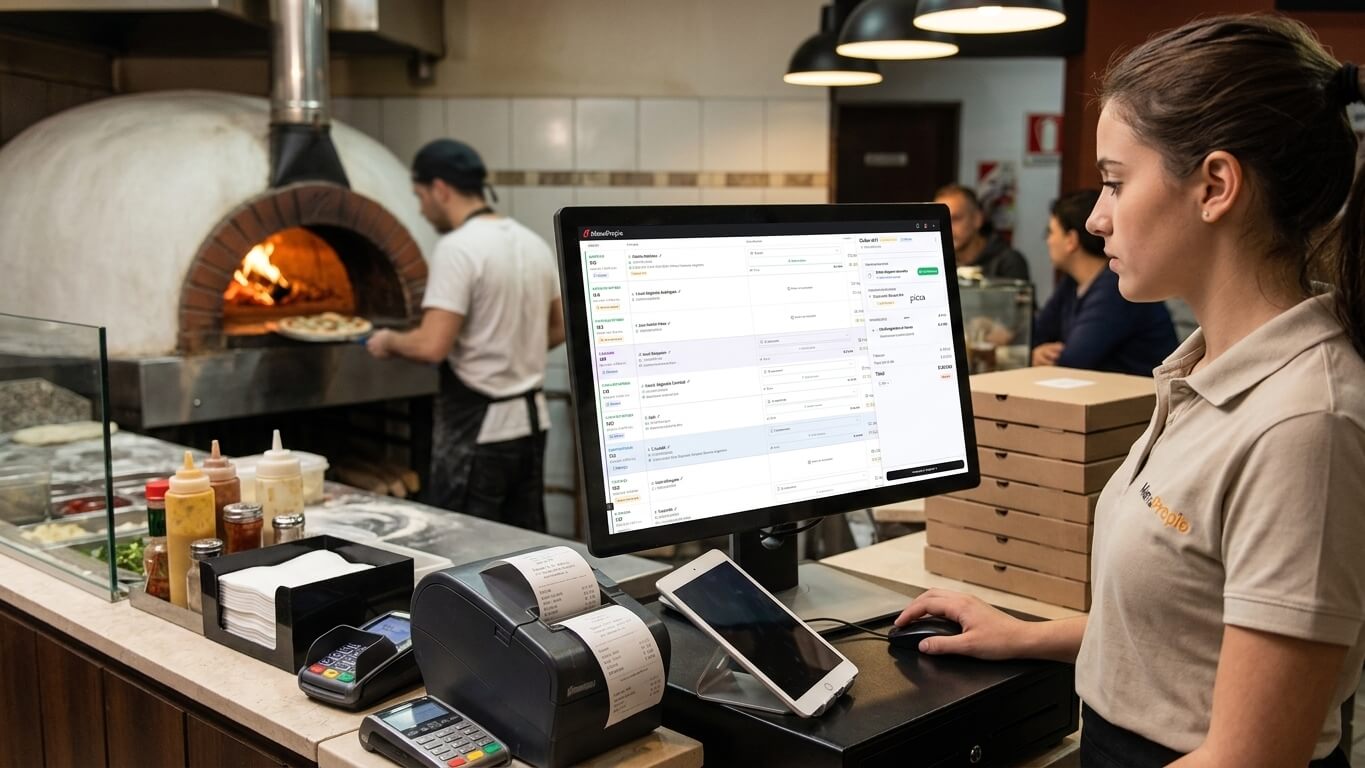 Equipo gestionando pedidos en un local gastronómico